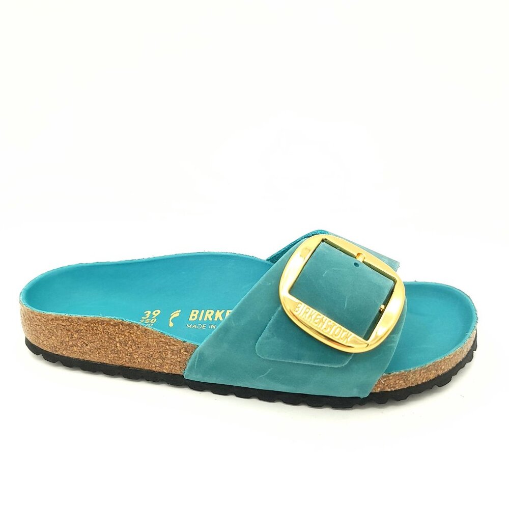 Birkenstock Biscay Bay Teal Madrid Sandals with Gold Big Buckle 39 Narrow